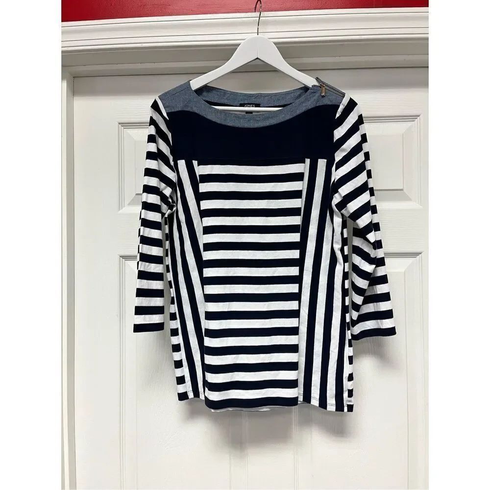Jones New York Navy & White Stripe Chambray Collar Shoulder Zip Nautical Top sz